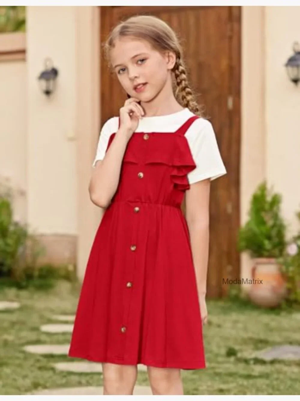 Girls Spaghetti Strap Cold Shoulder Ruffle Button Down A-Line Midi Dress